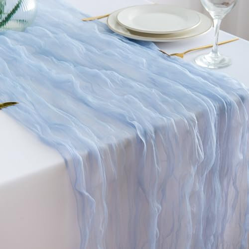 DROMCOM 4 Stück Tüll Stoff Tischläufer Blau Käsetuch Tischläufer, 300 x 80cm Organza Tischläufer Modern Tischdeko, Boho Gaze Stoff, Rustikal Seihtuch Tischläufer für Hochzeit, Geburtstag, Taufe