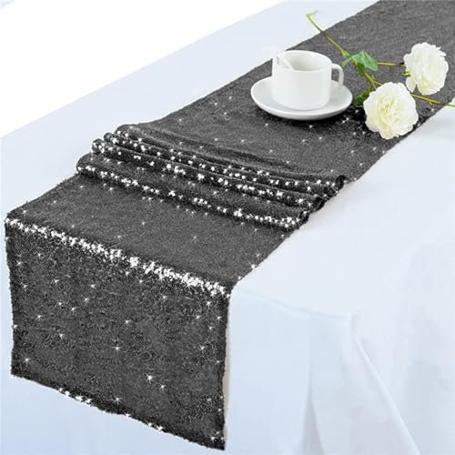 SYSUII Pailletten Tischläufer Schwarz-30 * 182cm Glitzer Tischdecke Tischband Tischläufer Weihnachten Party Hochzeit Tischdekoration für Geburtstag Baby Duschen Silvester Erntedankfest Bankett