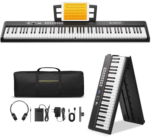 UISCOM Keyboard Piano 88 Key Semi Weighted Portable Digital Piano for Beginner,Full Size Folding Electric Keyboard with Sustain Pedal,Carrying Case,MIDI,Suitable for Home/Stage（Black）