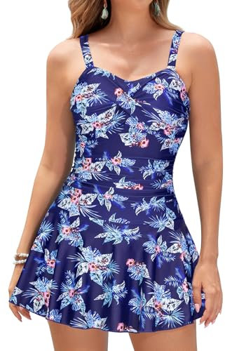 SHEKINI Femme Maillot de Bain Une Pièce Jupette Elégant Ruched Bandeau Robe de Plage Abdominal Contrôle Amincissante Sport Réglable Jupette Bikini de Plage(M,Bleu foncé-Gloire du Matin )