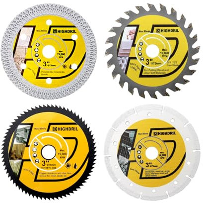 HIGHDRIL Juego de 4 hojas de sierra circular de 75 mm, disco de corte de diamante/HSS/TCT para amoladora angular, metal suave, cobre, aluminio, granito, azulejos, plástico, madera