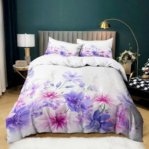 Violet Parure de lit 140x200 Fleur Marguerite Fleur de lys Housse de Couette 3 pièces, Ensemble de Literie avec Housses de Couettes et 2 taie d'oreiller 65x65 cm, pour Lit 1 ou 2 Personnes