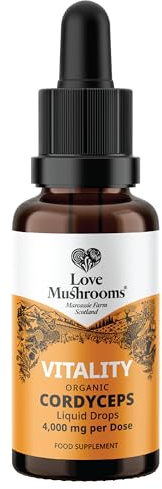 Love Mushrooms Organic Cordyceps Mushroom Supplement 4,000mg per 1ml | High Strength Liquid Drops 30ml for Natural Energy & Endurance | Vegan, Plant Based Food Supplement, UK Made, Sweet Taste