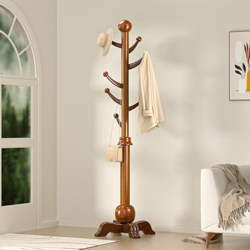TTVACVX Porte-manteau autonome en bois avec 7 crochets, arbre d'entrée avec base sphérique stable, porte-manteau en bois, charge 90,7 kg, pour entrée, couloir, chambre à coucher, H : 183 cm, noyer