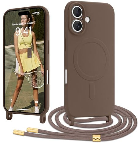 Ethanger Handyband für iPhone 16 Hülle mit Band [Kompatibel mit Magsafe] Flüssig Silikon Necklace Handyhülle Magnetische Schutzhülle zum Umhängen Kordel für iPhone 16 Braun