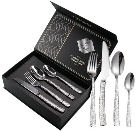 Set di 24 posate martellate – Set di posate in acciaio inox per 6 persone, posate moderne in argento per casa/ristorante/feste
