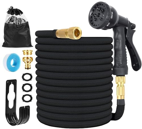 Tubo flessibile da giardino, tubo dell'acqua estraibile per irrigazione, pulizia del giardino, lavaggio auto, colata, connettori in rame da 1/2 e 3/4 pollici (nero, 30 m)