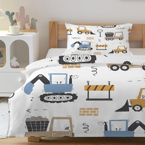 CCZM Bagger Bettwäsche 140x200 LKW - Bettbezug 140x200 Cartoon mit 2 Kissenbezüge 70x90 cm, Werkzeugwagen Wendebettwäsche, Microfaser Bettwäsche mit Reißverschluss, N-905