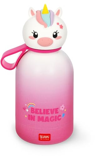 Legami - Hot&Cold BFF Kinder-Wasserflasche, Unicorn,-Motiv, doppellagig aus 18/8 Edelstahl mit luftdichtem Verschluss, hält 12 h heiß und 24 h kalt, Fassungsvermögen 310 ml