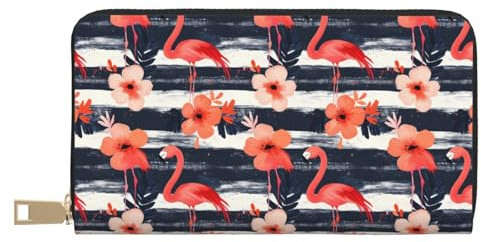 TZTTZT Dünne schlanke Geldbörse aus Leder für Damen und Herren, modischer Flamingo-Druck, Kartenetui mit Reißverschluss