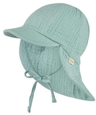 Sterntaler Schirmmütze Nackenschutz Musselin – Leichte Bio-Baumwoll-Musselin Mütze mit Sonnenschutz, Bindeband und weichem Futter, UV-Schutz 50+ – Helltürkis, Größe 51