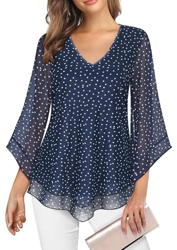 Gemulate Ladies Tops Chiffon Tops for Women V Neck Ruffle Sleeve Ladies Evening Party Top Long Blouse with Half Sleeves Tunic Top Navy Blue Dot L