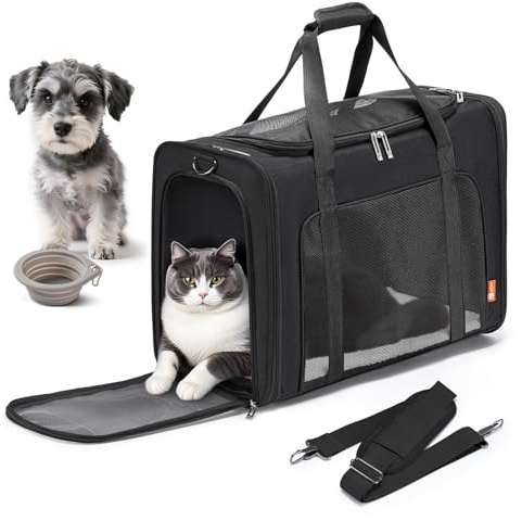 SUCIKORIO Hundetasche Flugzeug 55x40x23 Eurowings Lufthansa, Faltbare Hundetragetasche mit Faltbar Reisenapf Napf Hunde Katzen Transporttasche bis 12kg Transportboxen Große Schwarz Tragetasche