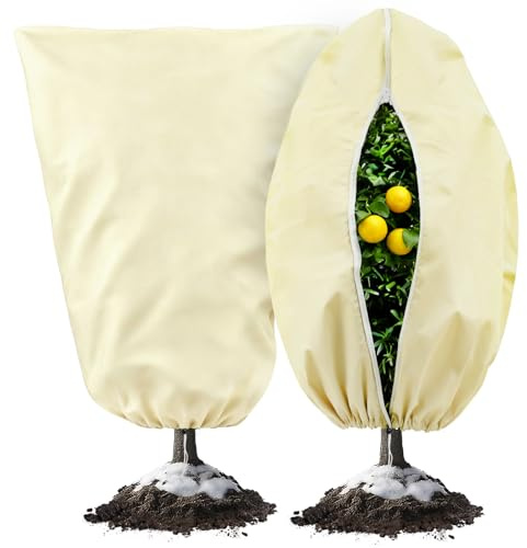 MospdyGear 2 Stück Winterpflanzen-Schutzsäcken, 80 x 120 cm, atmungsaktive Abdeckungen mit Reißverschluss und Kordelzug, ideal für Topfpflanzen und kleine Bäume, beige (80 * 120cm)
