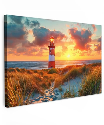 MuchoWow© Leinwandbilder Groß XXL Decoration Bilder für die Wand | 140x90 cm - Schlafzimmer Canvas Painting Wanddekoration Panorama Großes Wandbild Leuchtturm - Sonnenuntergang - Dünen