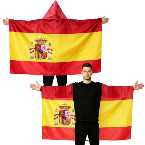 Capa Bandera de España, 150 x 90 cm Capa de Disfraz de Bandera España, Bandera Española Grande con Mangas Integradas, Body Flag Español Ideal Ver Partidos Fiestas y Celebraciones (ES)