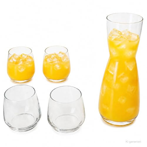 MamboCat Vital 5tlg Karaffen-Set I 1x Glaskaraffe 1 L + 4x Trinkgläser 350 ml I geschwungene Form aus klarem Glas I für Wasser, Saft, Schorle, Limo & Eistee I Alltag & Tisch