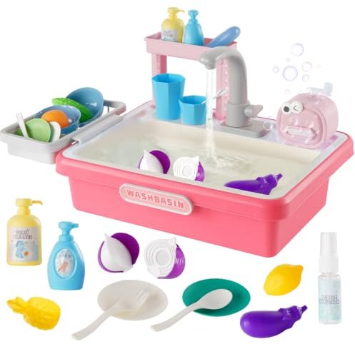 Fregadero Juguete con Agua, cozinha de brincar, máquina de Burbujas, Verduras de plástico extraíbles, Lavabo Infantil de 25 Piezas para niños y niñas (Rosa)