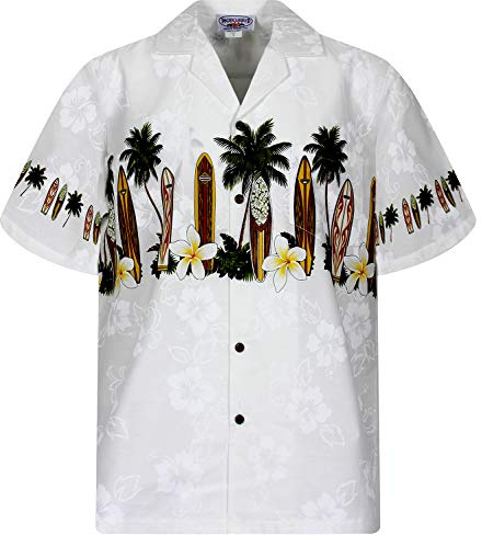 Pacific Legend Original Hawaiihemd, Kurzarm, Surfbretter Autos Brust-Print, Schwarz, 4XL