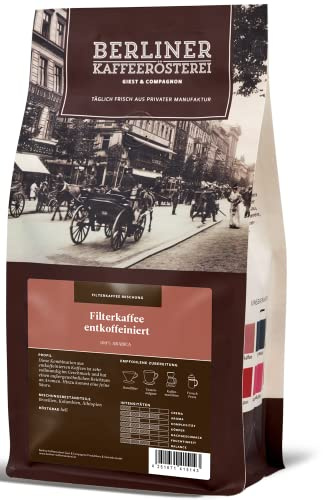 Berliner Kaffeerösterei - Filterkaffee entkoffeiniert (250g / ganze Bohne), Röstgrad Kaffee: hell, 100% Arabica Bohnen, Aromaprofil: Floral/Nussig/Röstig
