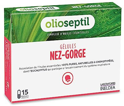 OLIOSEPTIL - Nez-Gorge - Complexe de 7 Huiles Essentielles Pures et Chémotypées - Assainit le Système Respiratoire & Apaise la Gorge - Dès 15 Ans - 15 Gélules