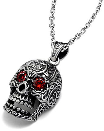 Feilok Edelstahl Schmuck Totenkopf Anhänger Hohle Schädel Kette mit Rot Kristall Augen Skeleton Tribal Gotik Halskette für Herren