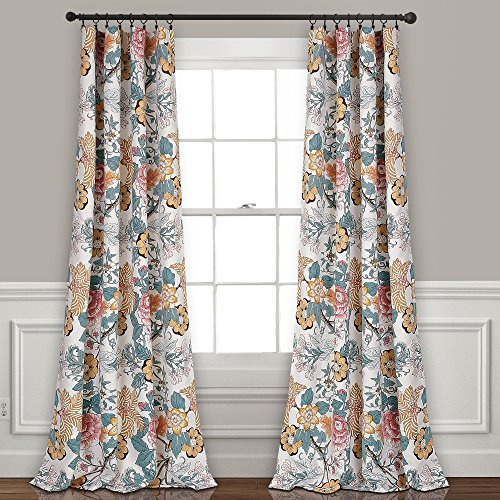 Lush Decor Sydney Vorhänge | Blumenmuster Garten Raum Verdunkelung Fensterpaneel-Set für Wohnzimmer, Esszimmer, Schlafzimmer (Paar), 213,4 x 132,1 cm, Blau und Gelb, L, Blau und Gelb