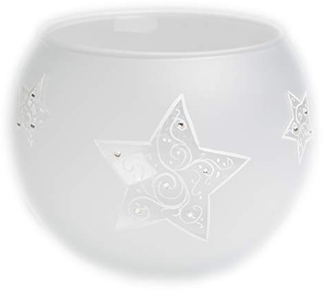 Vase runde Kugelvase Glaskugel Leuchtkugel 15 cm handbemalt Motiv Milchglas Sterne mit Glitzersteinchen inkl. Geschenkbox