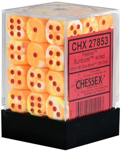 Chessex Signature 12mm d6 with pips Dice Blocks (36 Dice) - Festive Sunburst w/red