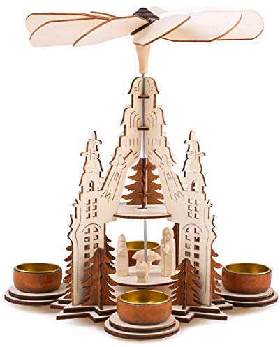 BRUBAKER Weihnachtspyramide Kathedrale 29 cm - Maria, Josef und Jesus - 2 Etagen - Teelichtpyramide mit 4 Teelichthaltern aus Metall - Holz Natur