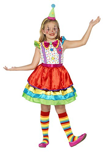 Smiffys Deluxe Clown Girl Costume, Multi-Coloured with Dress and Hat, Fancy Dress, Clown Dress Up Costumes