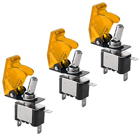 QitinDasen 3Pcs Voiture Commutateur à Levier, avec Jaune LED Indicateur et Jaune Étanche Couverture, ON-OFF 2 Positions 3 Broches SPST Interrupteur Bascule (20A / 12VDC)