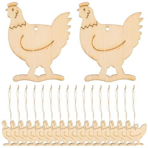Amosfun Ostern Anhänger Holz Hahn Küken Figur Holzscheiben mit Loch Baumscheiben Geschenkanhänger Hängende Ostern Dekoration zum Bemalen Basteln mit Schnur Khaki 20 Stück