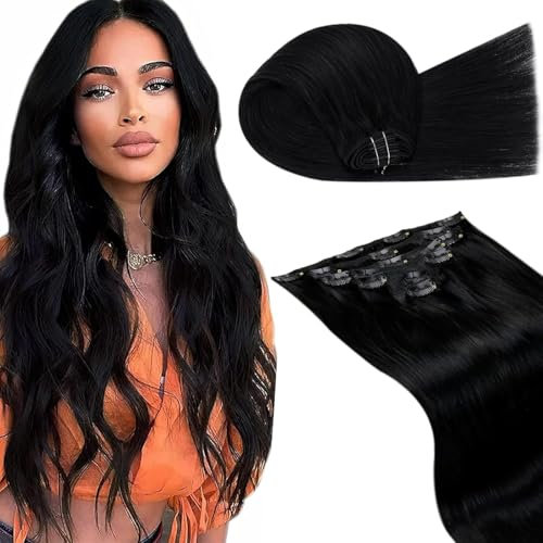LaaVoo Clip in Extensions Echthaar Schwarz Echthaar Extensions Clip Glatt Haarverlängerung Extensions Clips Schwarz Natürliche 7PCS 35cm 105g #1