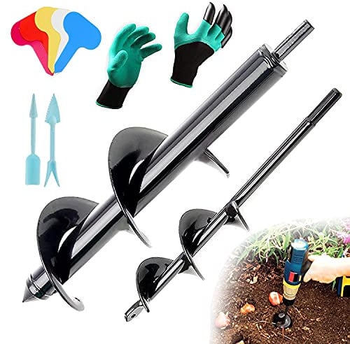 QeeHeng Garden Bulb Auger Drill Bit, 2 Pcs Garden Auger Drill Bit for Planting, Hand Drill Digger Auger Tool for 3/8'' Hex Drive Drill with Planter Professonal Gloves