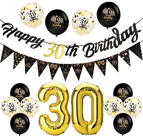 Afirbeone 30th Birthday Decorations Set, Including Black Gold Happy Birthday Banner, Triangle Flag Banner, Confetti Latex Balloons and Aluminum Foil Balloons for Party Decoration