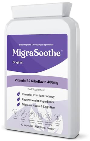 Premium Vitamin B2 Riboflavin 400mg per Capsule - Migrasoothe-B Pharma Manufacturing Standards UK Made Migraine Support, Stress, Tremors & Energy Vegan. Nice Recommended Vitamin B2 400