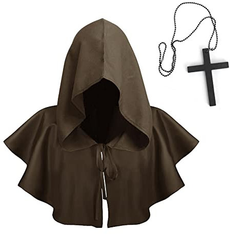 Halloween Kostüm Mittelalter Kapuze Umhang mit Kreuz Halskette Brüder Mönch Priester heidnisch Cosplay Ritter Zauberer Teufel Robe Umhang, coffee, Einheitsgröße
