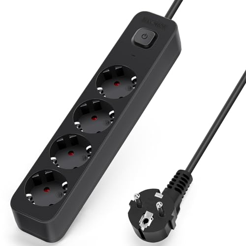 Aigostar Regleta Enchufes, Alargador Enchufe de 4 Enchufes con Interruptor, Cable de 5 Metros, Negro