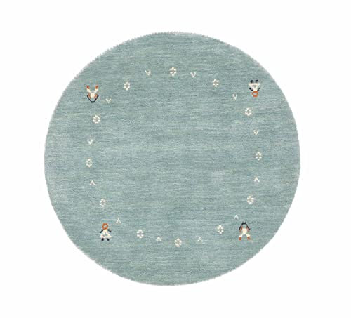 RUG PRINCE Wollteppich Gabbeh Muti 80x80 Handgewebt Rund Türkis Einfarbig Handarbeit