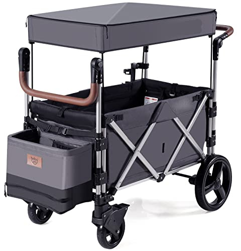 COSTWAY Push Pull Stroller Wagon for 2 Kids, Collapsible Trolley with Adjustable Handle Bar, Removable Canopy, 5-Point Harness and Drapes, Outdoor Camping Cargo Cart (Grey)