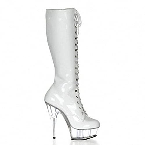 Omeslike 15CM High Heels für Damen, durchsichtige Plateaustiefel, mittelhohe Kniehohe Damenstiefel, Modenschau-Bühnenparty-Modelle Pole Dance-Schuhe,Weiß,45