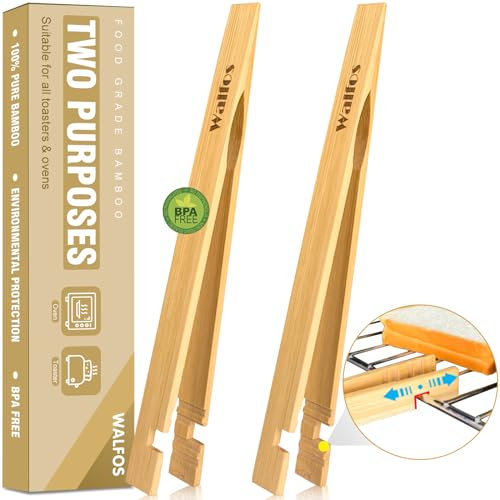 Walfos 2 Pieces Bamboo Toaster Tongs, 8 Inches Long Wood Tongs For Cooking, bamboo tongs with Anti-slip Design, Toast Tongs for Fruits, Bread & Pickles,Cheese Bacon Muffin