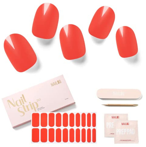 NAILOG Semi Cured Gel Nail Strips, Extra Long Nail Polish Strips (20 Pieces), Long Lasting Semi Cured Nail Stickers with Soft Glossy Gel Finish,Watermelon Red