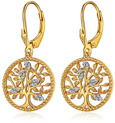 Pendientes de árbol de la vida de plata 925 con circonitas 5A de cristal, pendientes pequeños, regalo para su niña, novia, mujer, madre, oro, Plata de ley