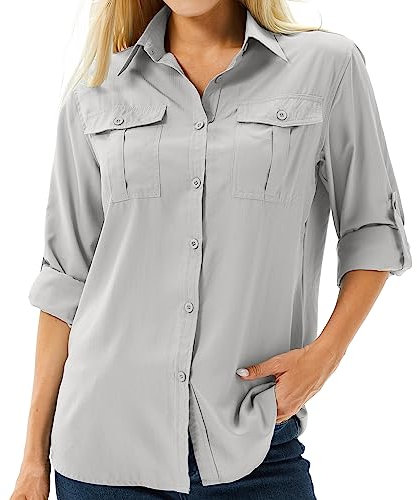 Asfixiado Damen Hemd UPF 50+ UV Schutz Langarmshirt Damen Outdoor Wanderbluse Safari Kleidung Damen Atmungsaktiv Outdoor Cool Quick Dry Sport Oberteile(5070 Grau XL)