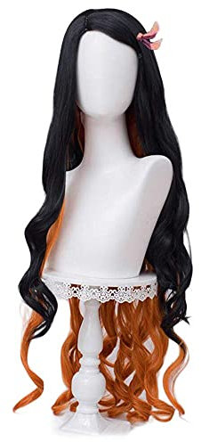 ydound Wig Anime Cosplay Nezuko Perücken for Demon Slayer Anime Cosplay Lange lockige orange und Schwarze Perücken mit Kappe