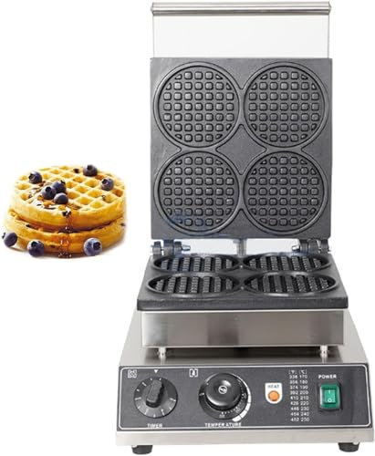 Waffle Maker Iron Round Shape for Commercial Home Use, Four Slice Deep Fill Waffle Maker, Non-stick Plates, Timer & Temperature Control, Stainless Steel, Cool Touch Handle
