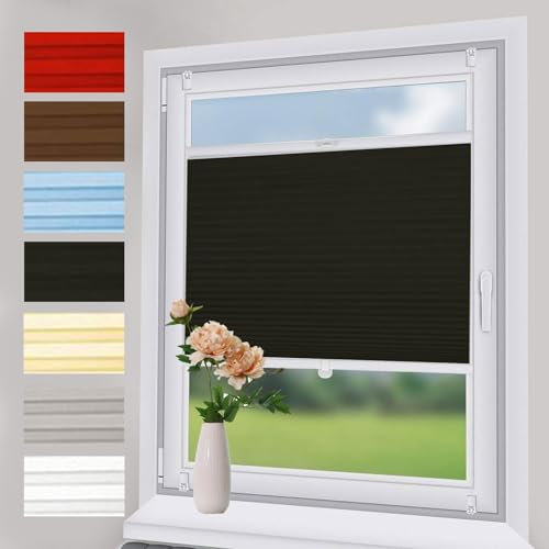 Plissee ohne Bohren Verdunkelung 75 x 210 cm Sonnen- und Sichtschutz lichtundurchlässig Jalousie Einfache Montage für Fenster & Tür Balkontür, Schwarz