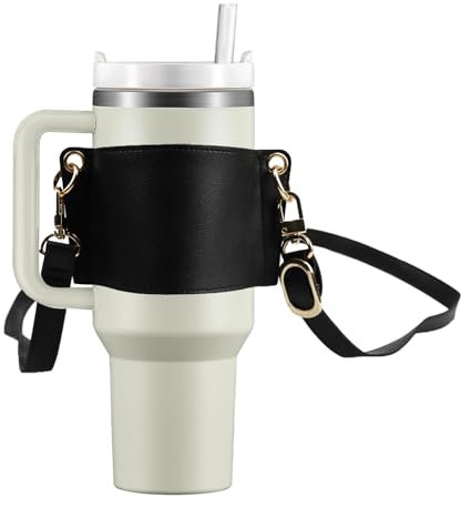 LLMSIX Tumbler Carrier with Strap, Reusable Leather Coffee Cup Holder Tumbler Carrier Water Bottle Drinks Bags with Adjustable Strap for Yeti and Stanley 30oz &40oz Tumbler (Black)